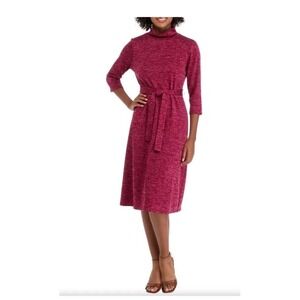 Kim Rogers Mock Neck Dress Women's PS Sangria Color 3/4 Sleeve Belted Soft NWT